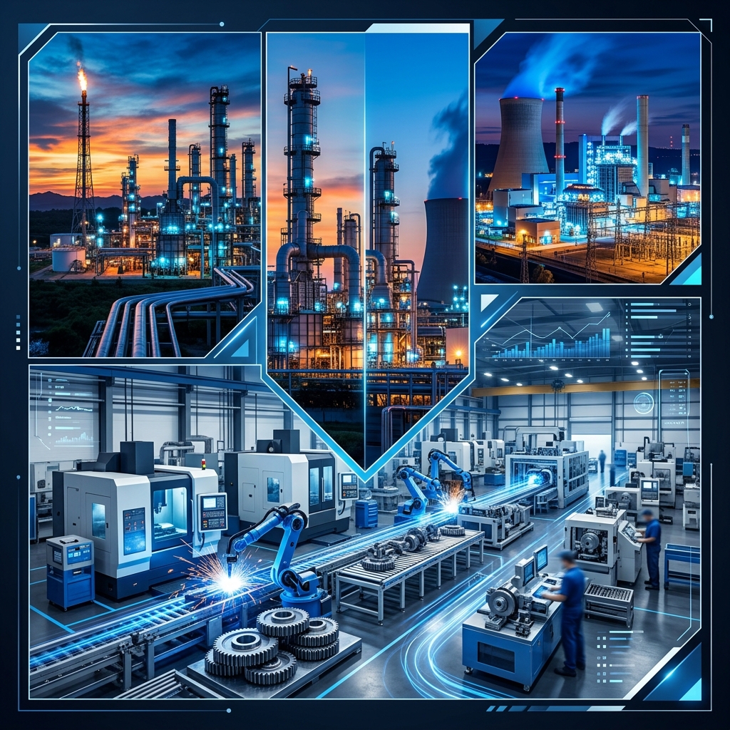 Heavy industrial manufacturing plants and machinery collage